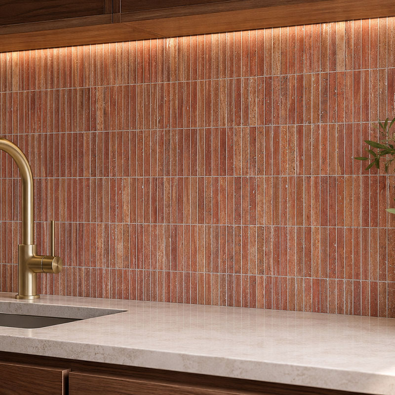 Close-up of red travertine vertical tile backsplash with warm cabinet lighting