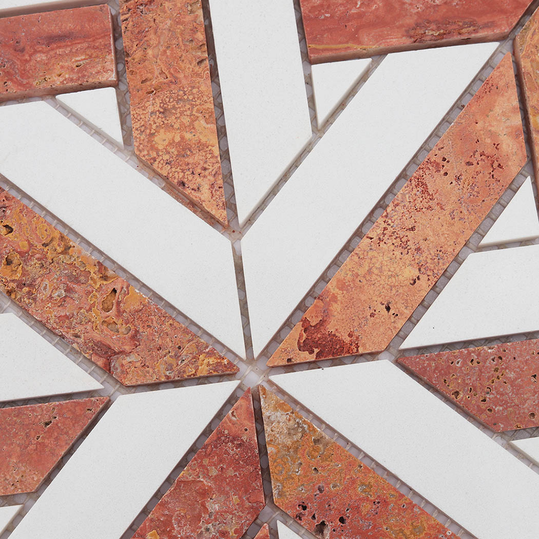 Red travertine and white marble geometric mosaic tile with natural stone texture