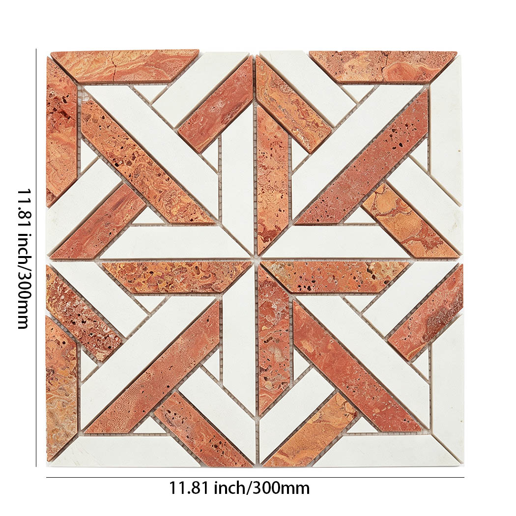 Red travertine and white marble geometric mosaic tile sheet in 300mm dimensions