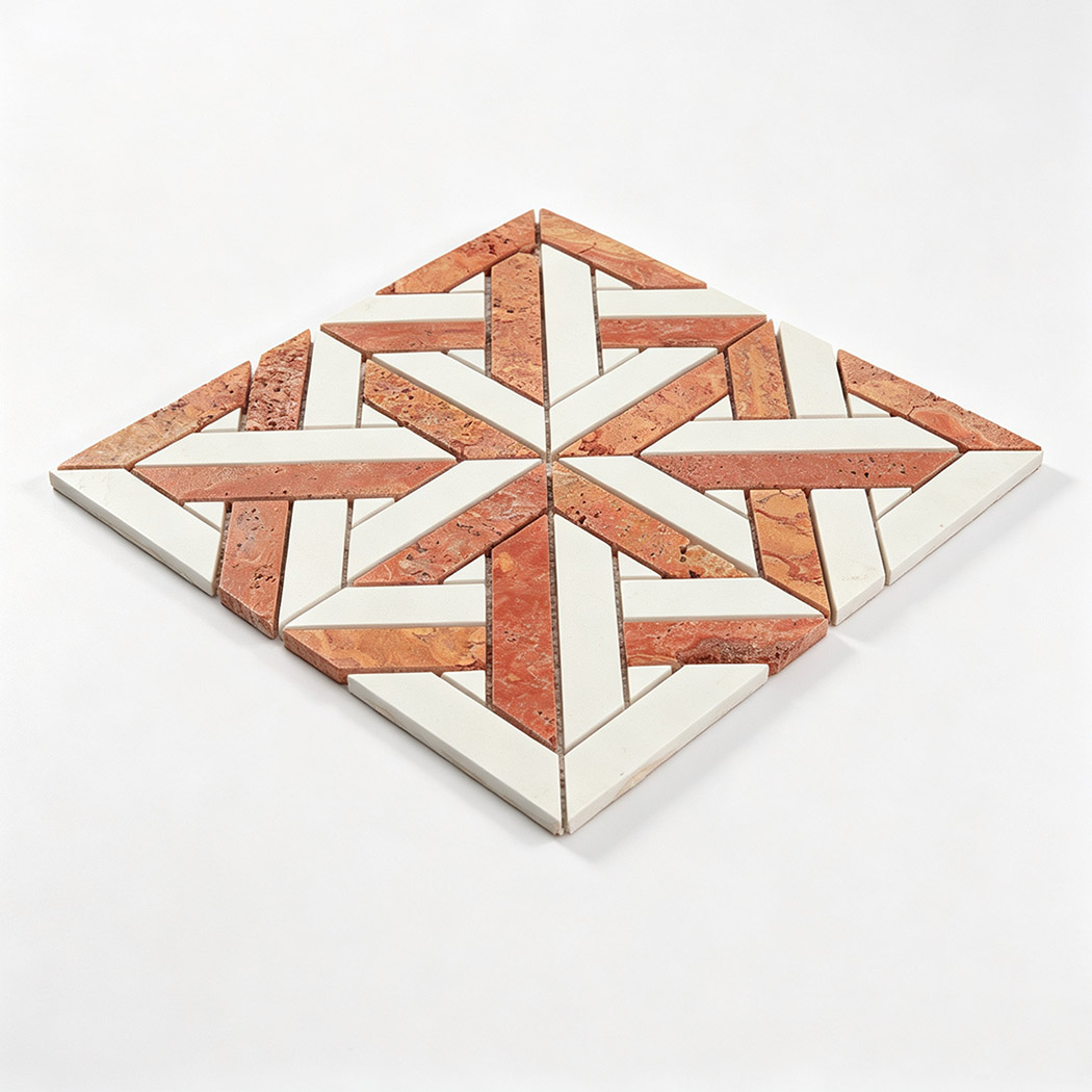 Red travertine and white marble geometric mosaic tile sample with starburst pattern