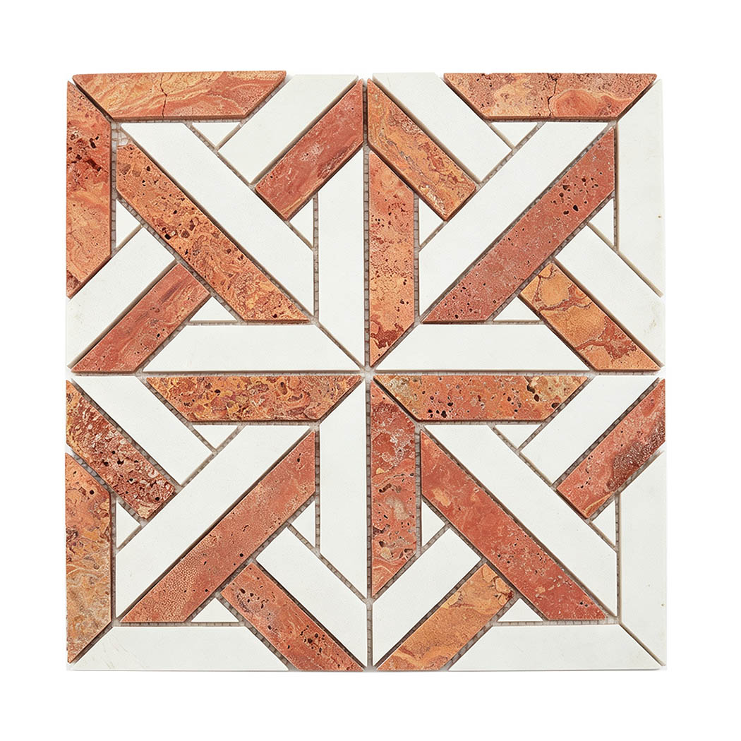 Red travertine and white marble geometric mosaic tile with an angular pattern
