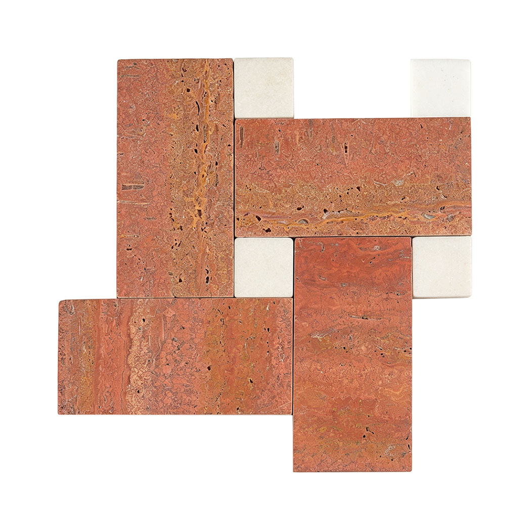 Red travertine rectangles with white marble squares in a geometric pattern