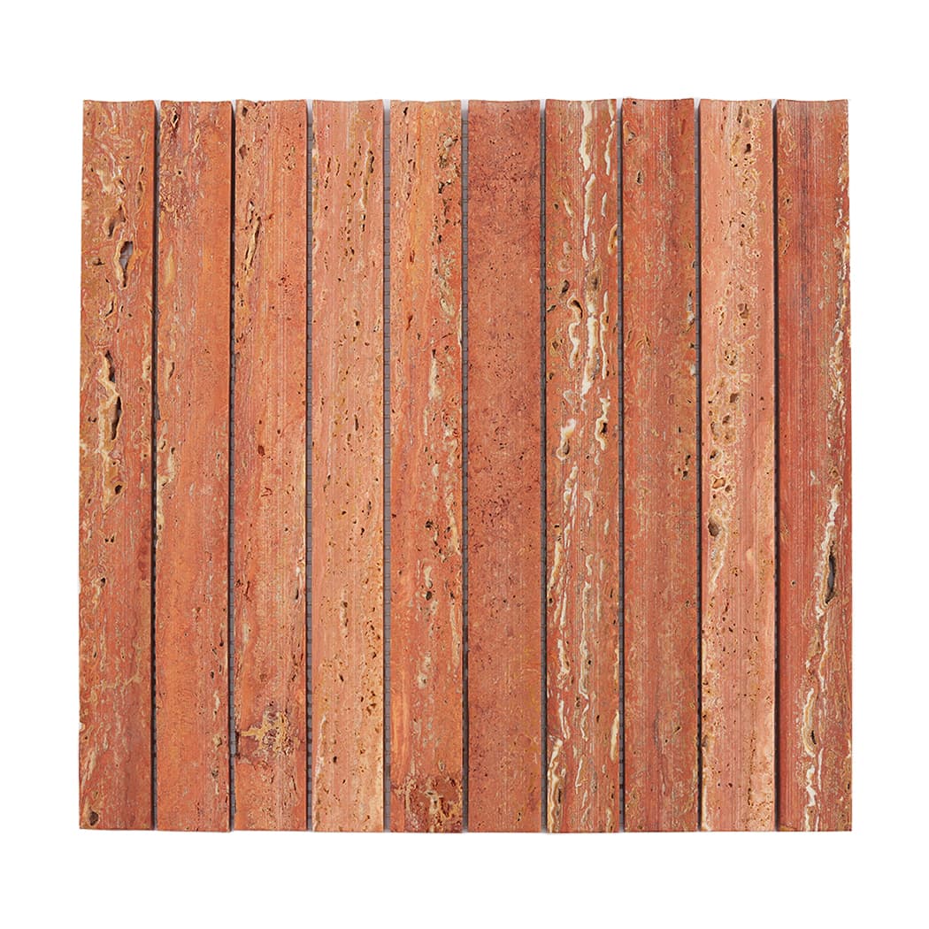 Full front view of a square sheet of Red Travertine fluted linear mosaic tile.