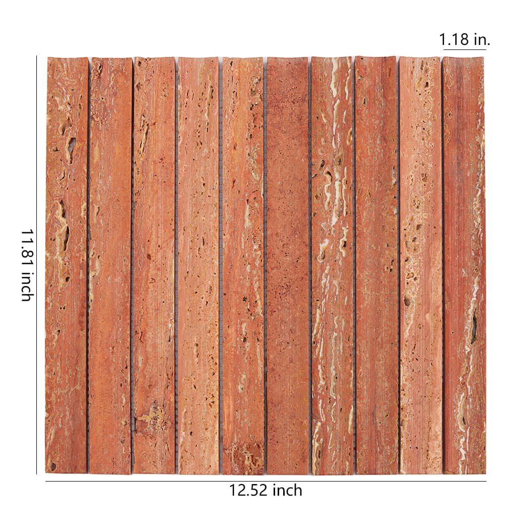 Front view of Red Travertine fluted mosaic tile with precise size annotations.