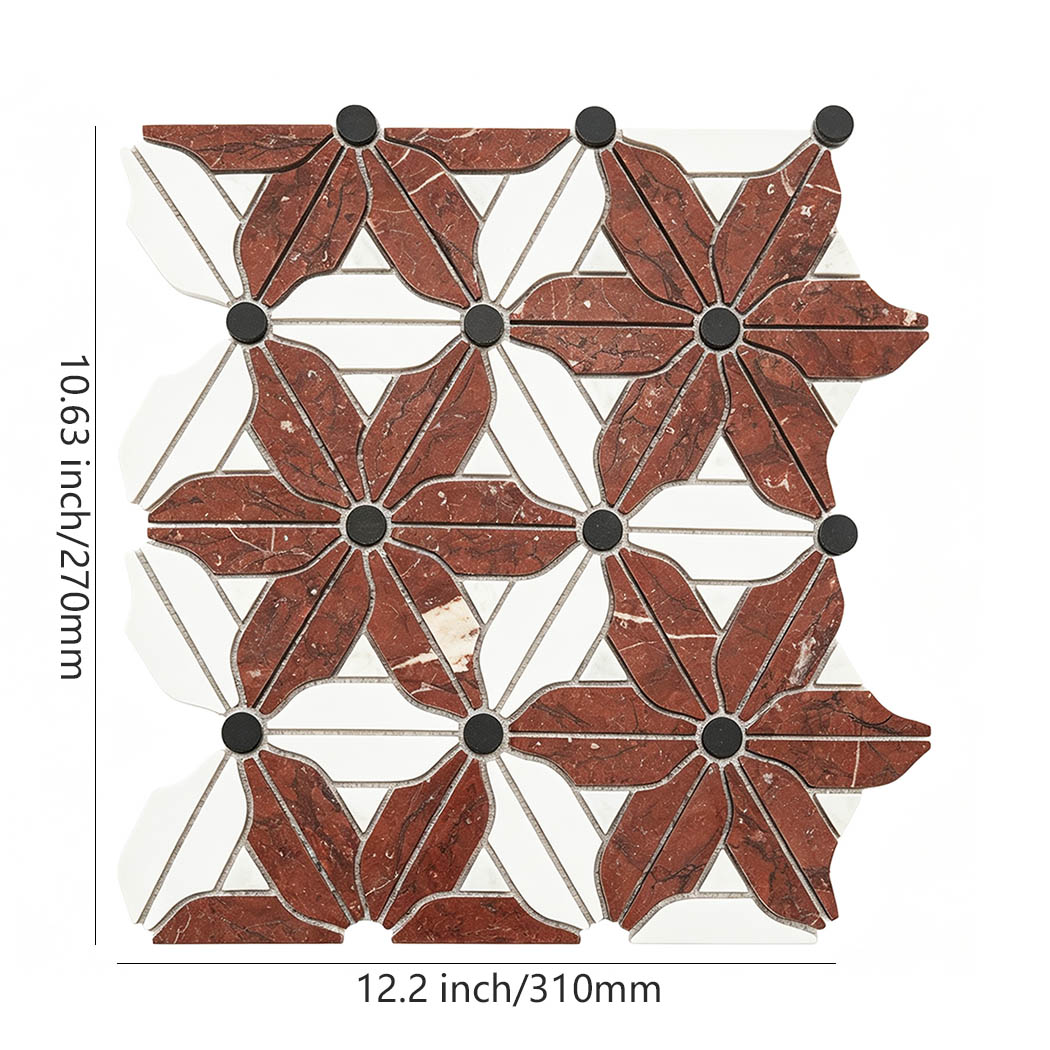 Red and white marble floral mosaic tile with black round accents in 310mm dimensions