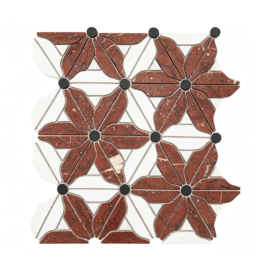 Red and white marble floral mosaic tile with black circular accents