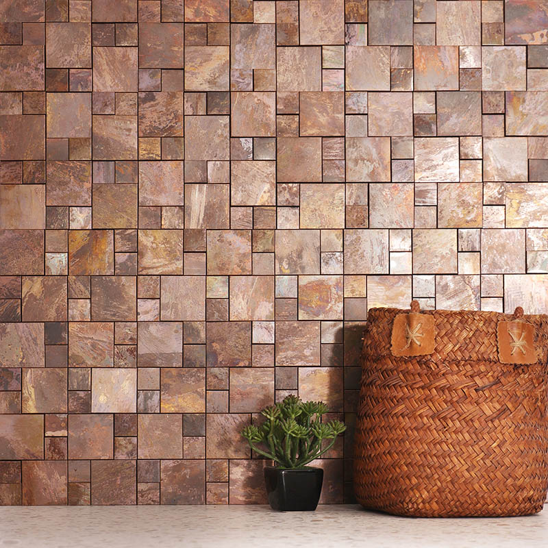 Red copper mixed square wall tile with rustic oxidized finish