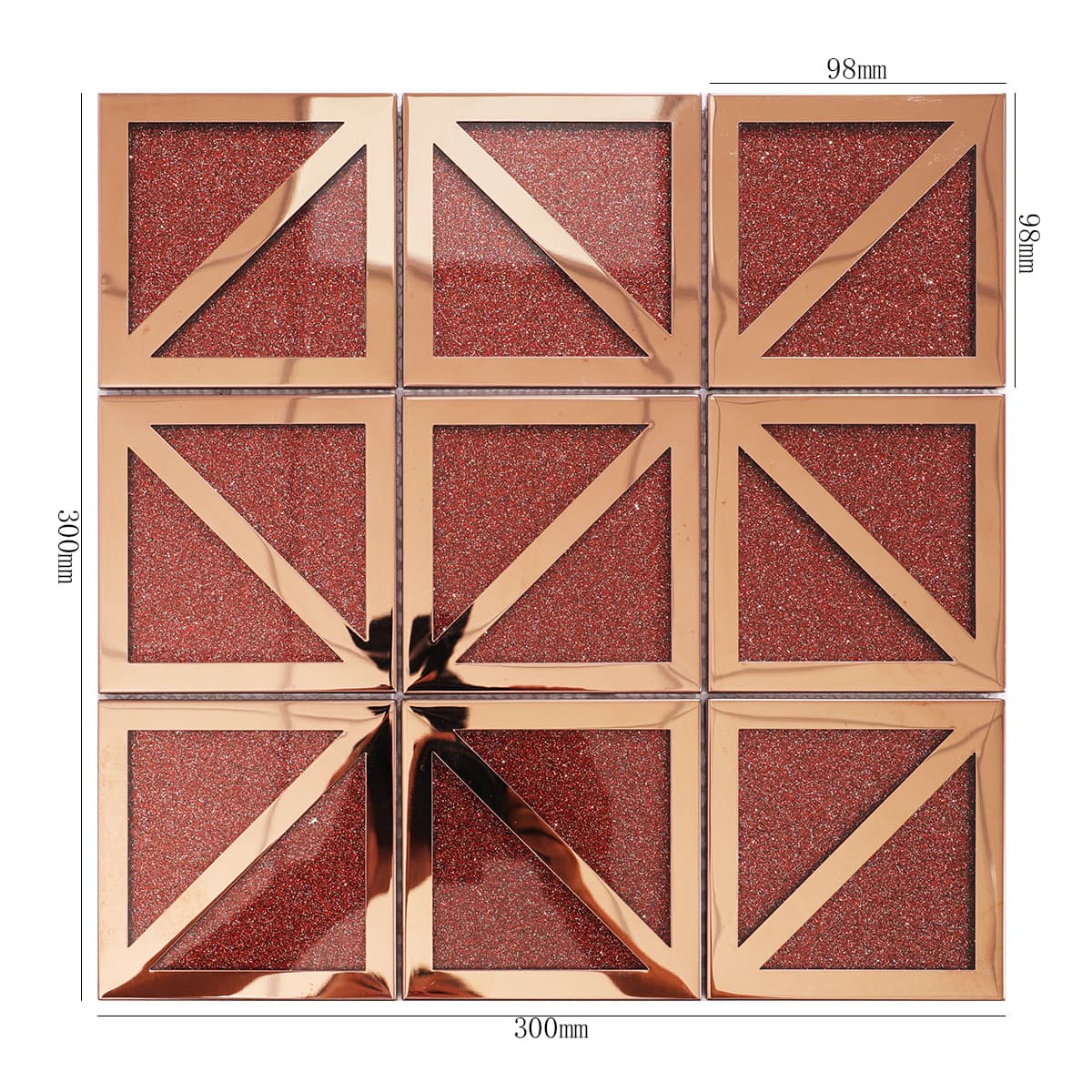 Full view of red glitter glass metal frame tile with size