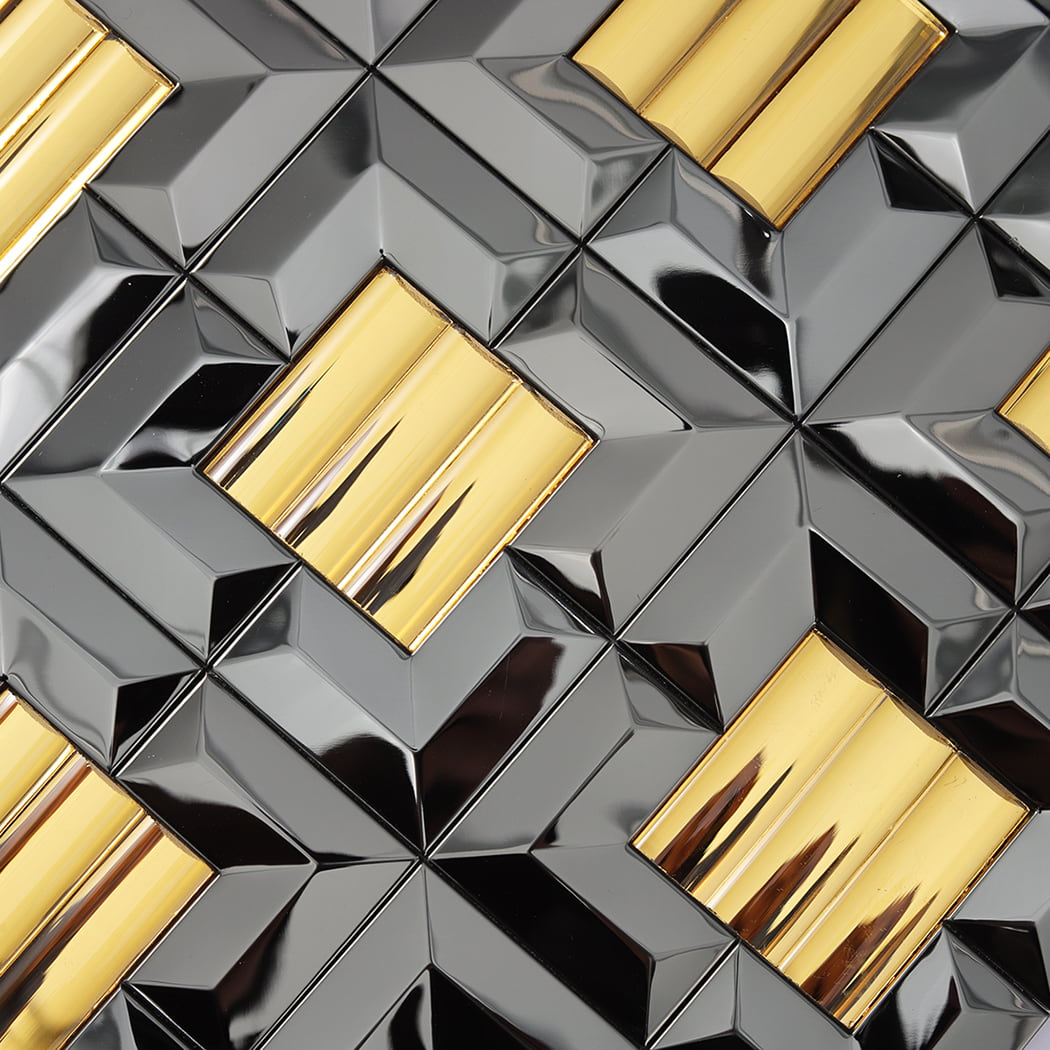 High-angle macro shot of the glossy gold centers and dark mirrored frames of the tile