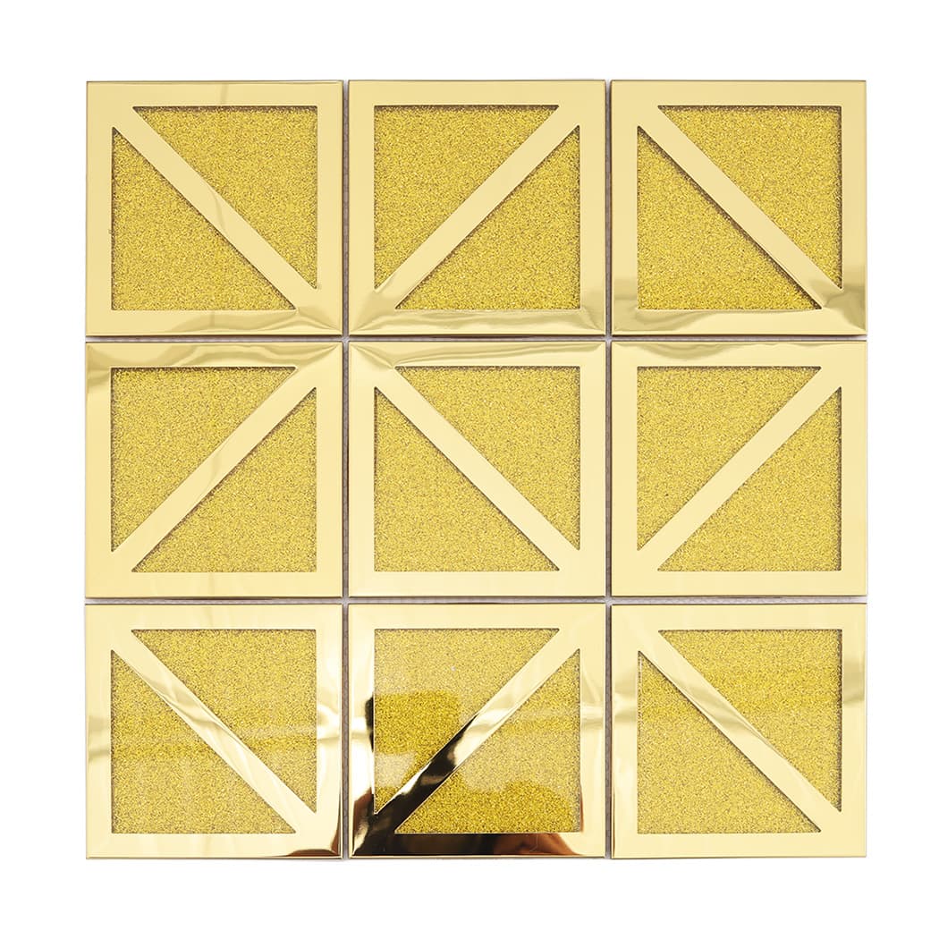 Full sheet of reflective gold mosaic tiles with triangular geometric patterns.