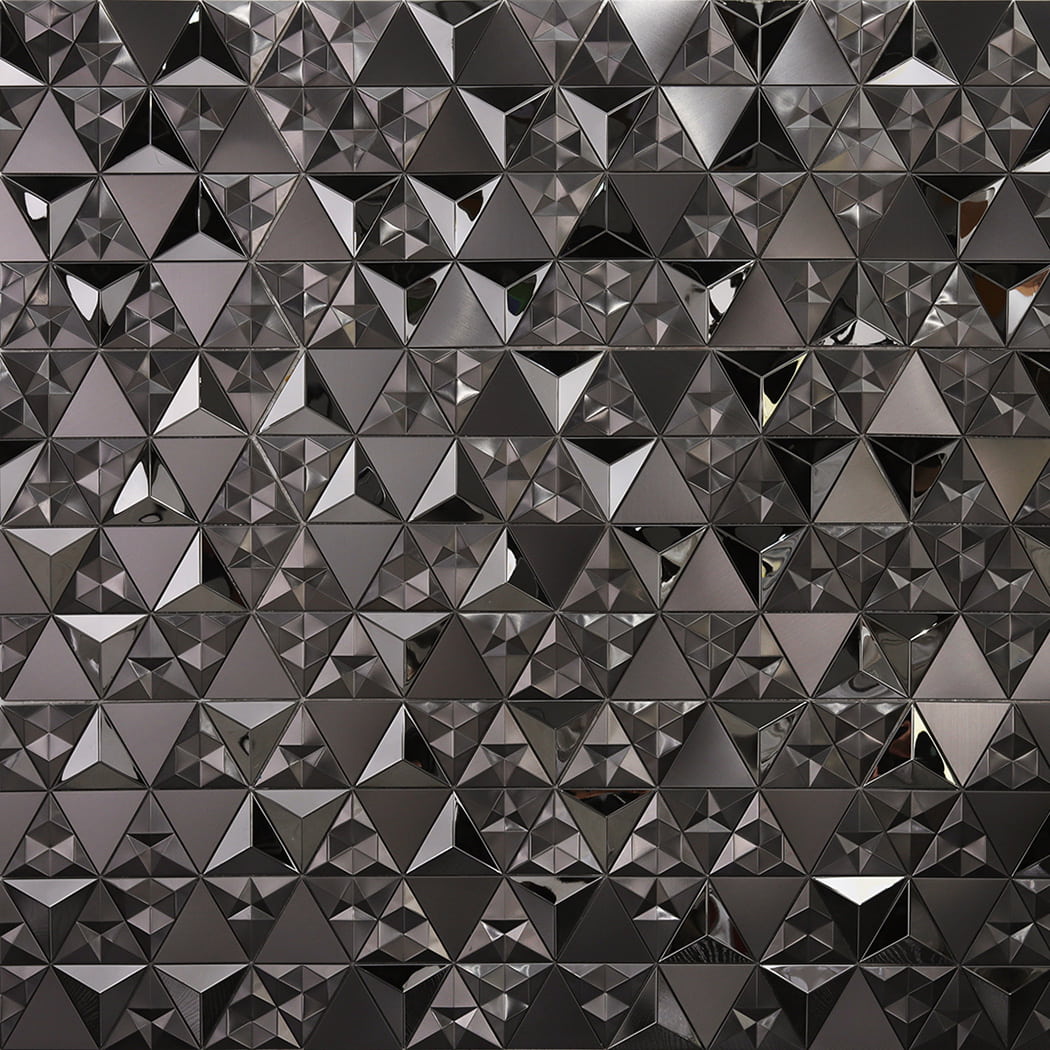 A wall display featuring a repeating pattern of interlocking black 3D triangle mosaic tiles
