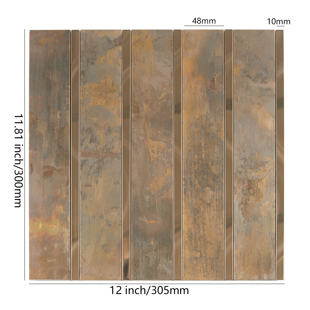 Retro copper metal vertical stacked tile sheet with size markings