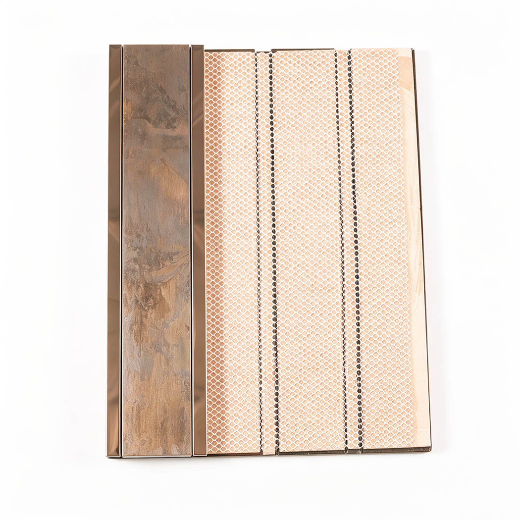 Back view showing mesh backing on retro copper metal tile sheet