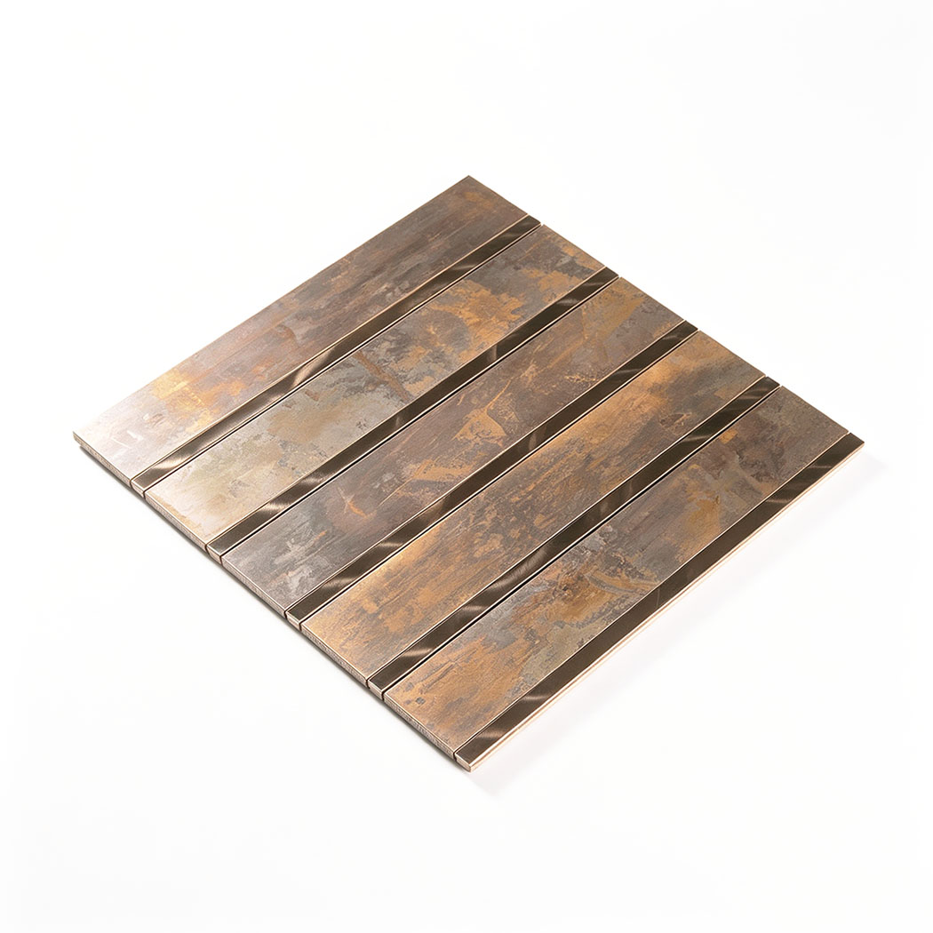 Angled view of retro copper metal vertical stacked tile sheet