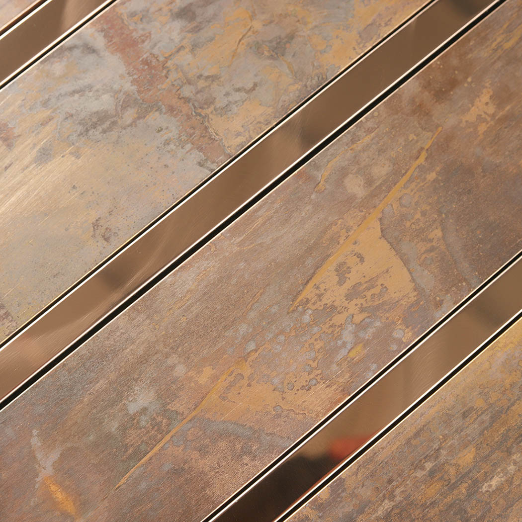Close-up of retro copper vertical stacked metal tile texture