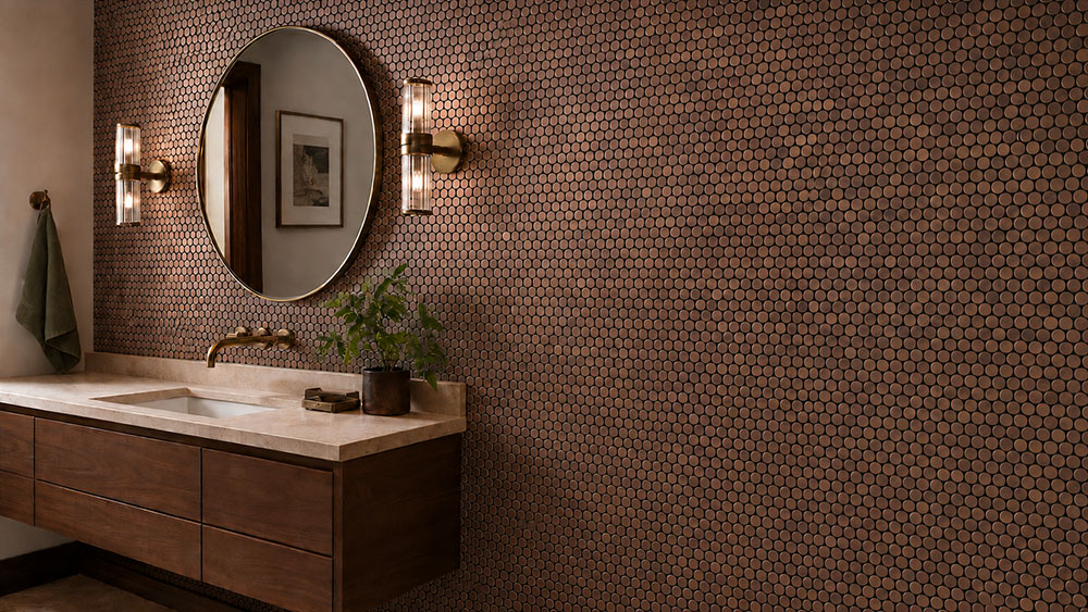 Retro copper penny tiles on a bathroom vanity wall with dark grout and warm lighting