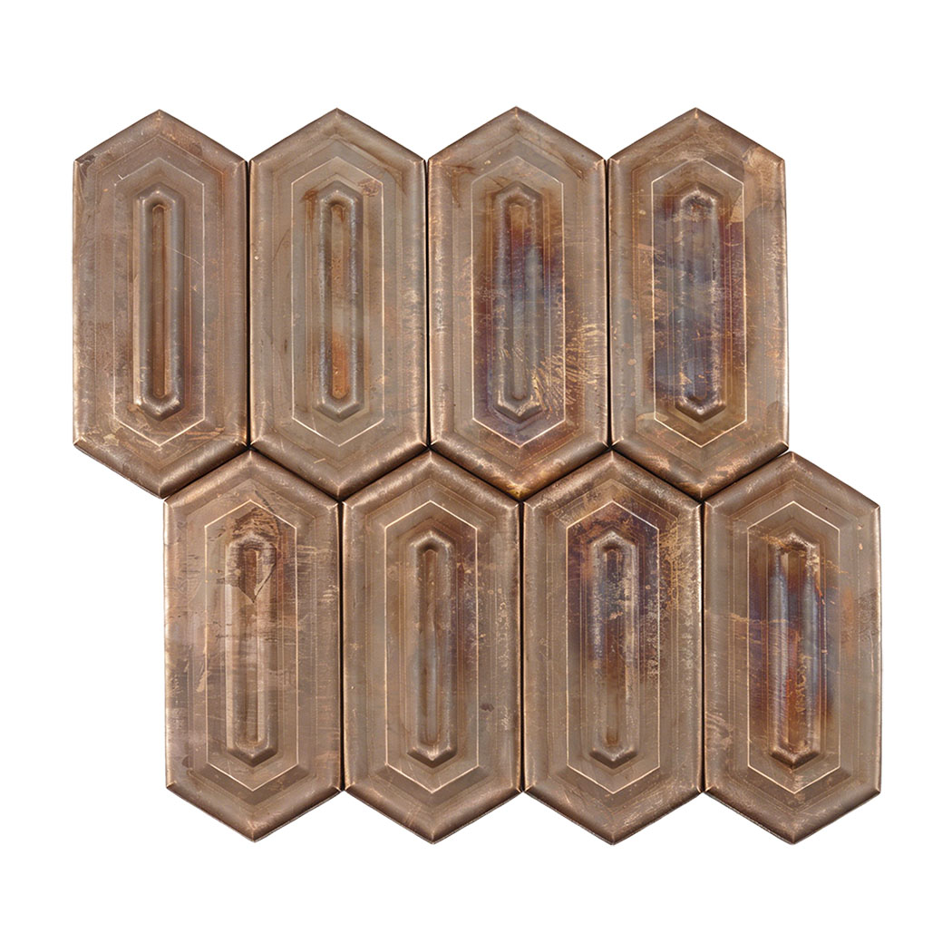 Brushed bronze rose tone hexagon mosaic tiles arranged on mesh backing.