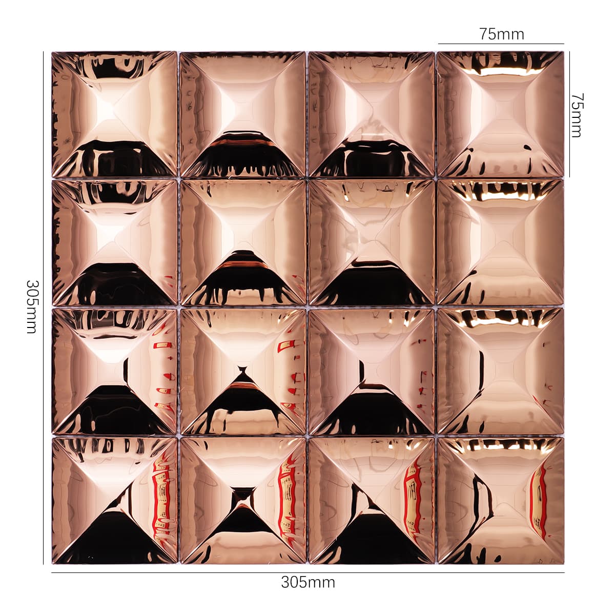 Rose gold pyramid 3D stainless steel mosaic tile with measurements