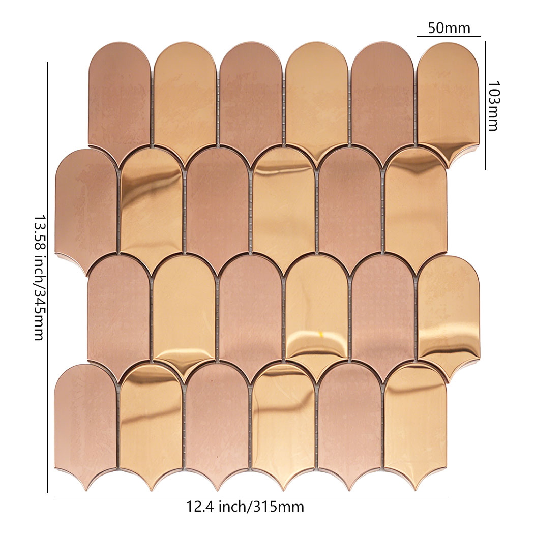 Rose gold arch metal mosaic tile sheet with 50mm by 103mm chip size display