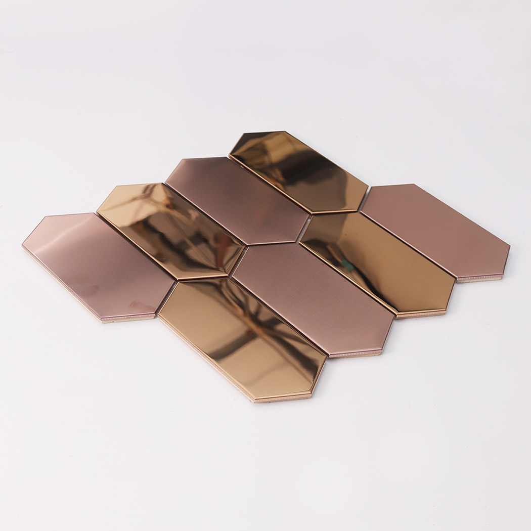 Full sheet angled view of rose gold brushed and mirror elongated hexagon mosaic tile