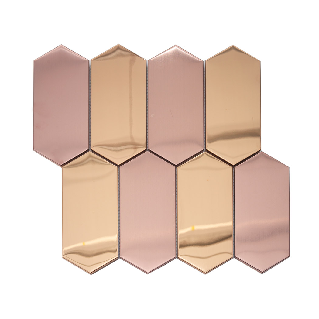 Rose gold brushed and mirror elongated hexagon mosaic tile layout installation view