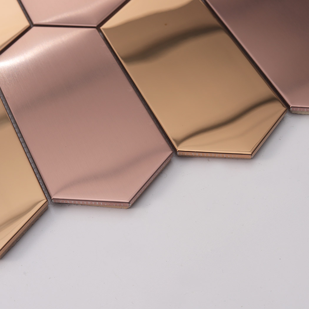 Side thickness detail of rose gold brushed and mirror elongated hexagon mosaic tile