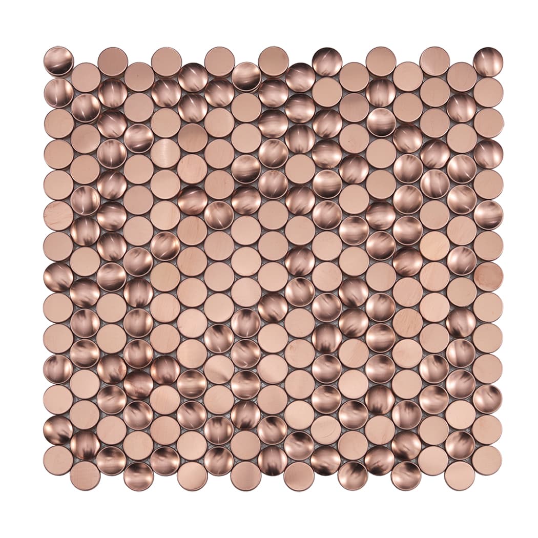 Front view of a rose gold brushed stainless steel penny round mosaic tile sheet.
