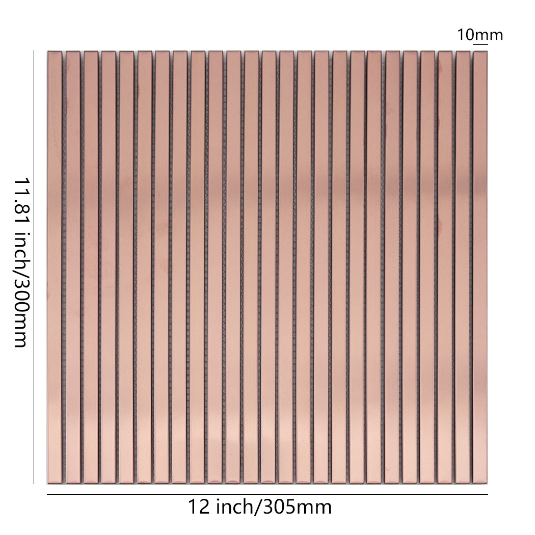 Rose gold brushed stainless steel ribbed tile with 12 by 11.81 inch dimensions