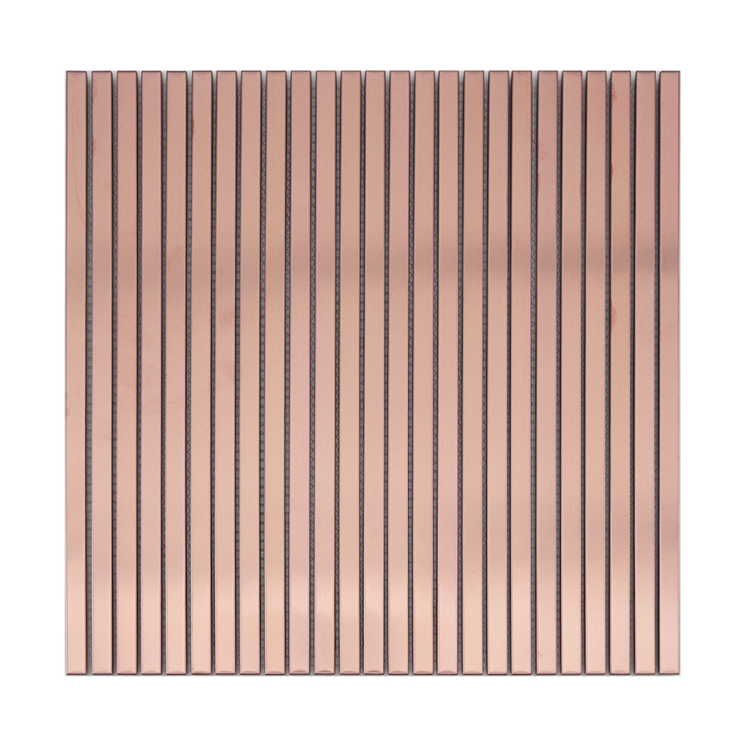 Front view of rose gold brushed stainless steel ribbed tile sheet
