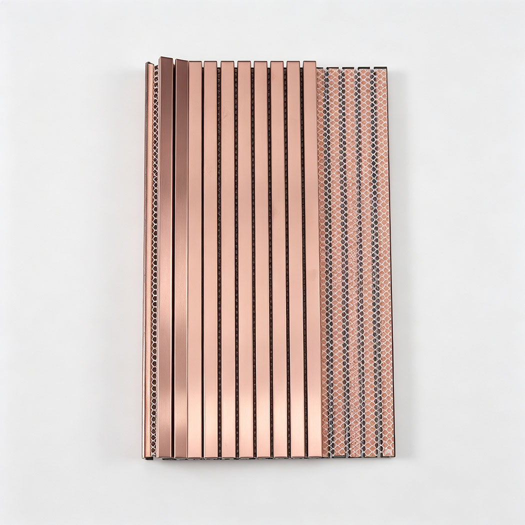 Rose gold brushed stainless steel ribbed tile sheet with mesh backing