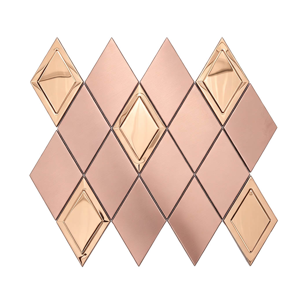 Front view of rose gold brushed and mirror diamond metal mosaic tile sheet