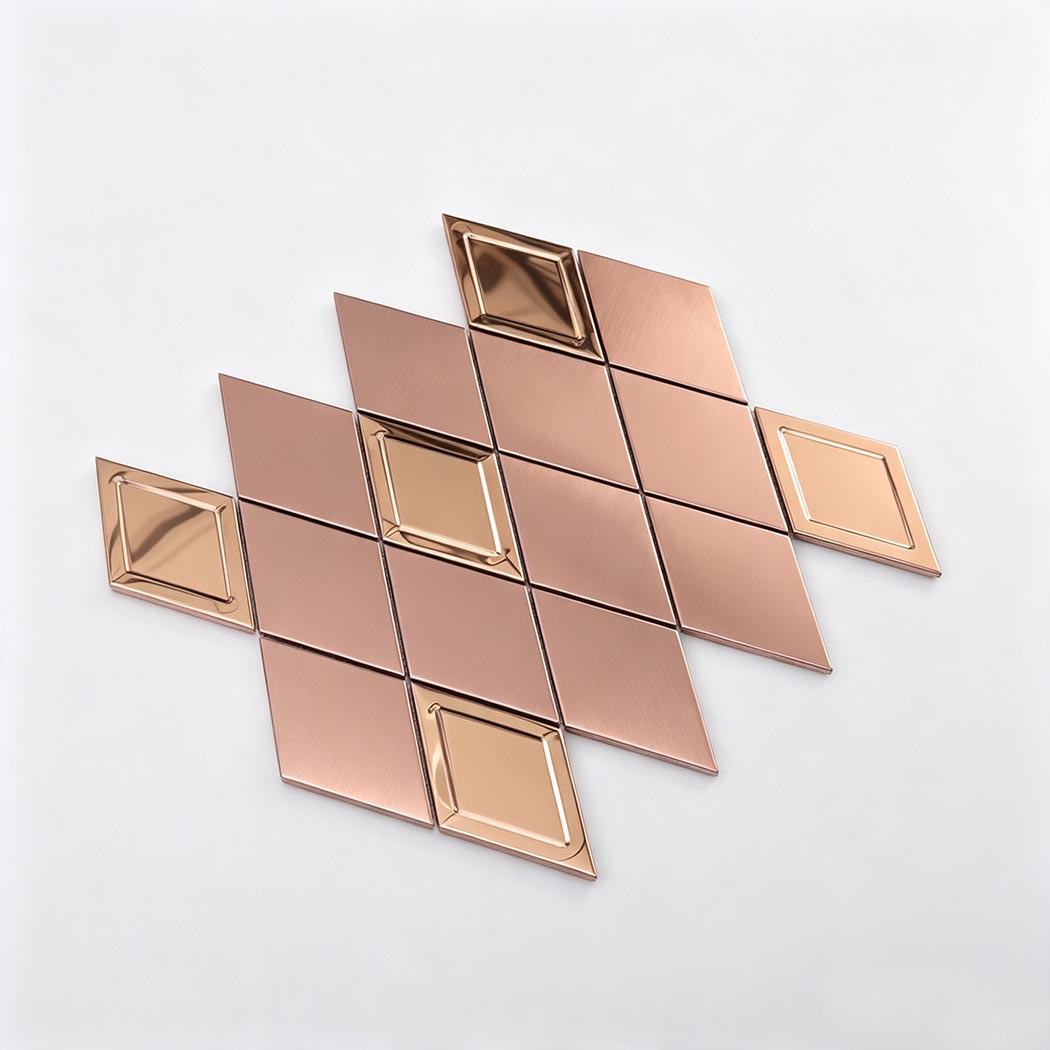 Angled view of rose gold brushed and mirror diamond metal mosaic tile sheet