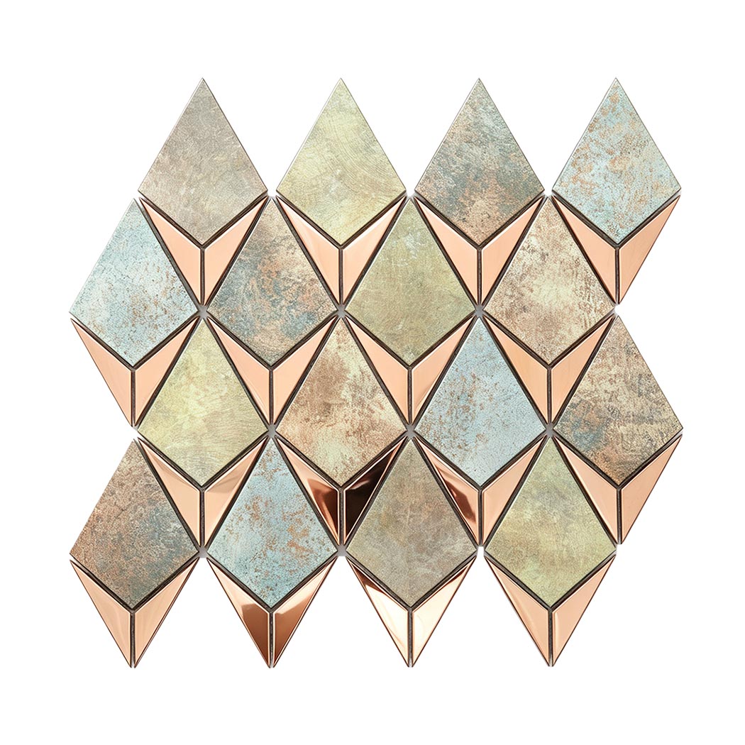 Rose gold diamond metal mosaic tile sheet with mixed antique blue and bronze finish