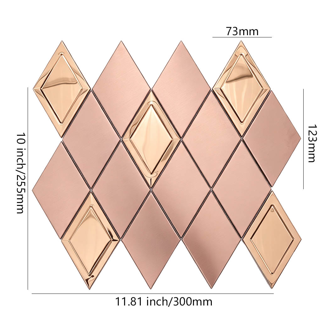 Rose gold brushed and mirror diamond metal mosaic tile sheet with size details