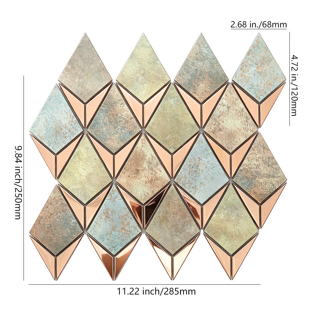 Rose gold diamond metal mosaic tile sheet with antique finish and size details