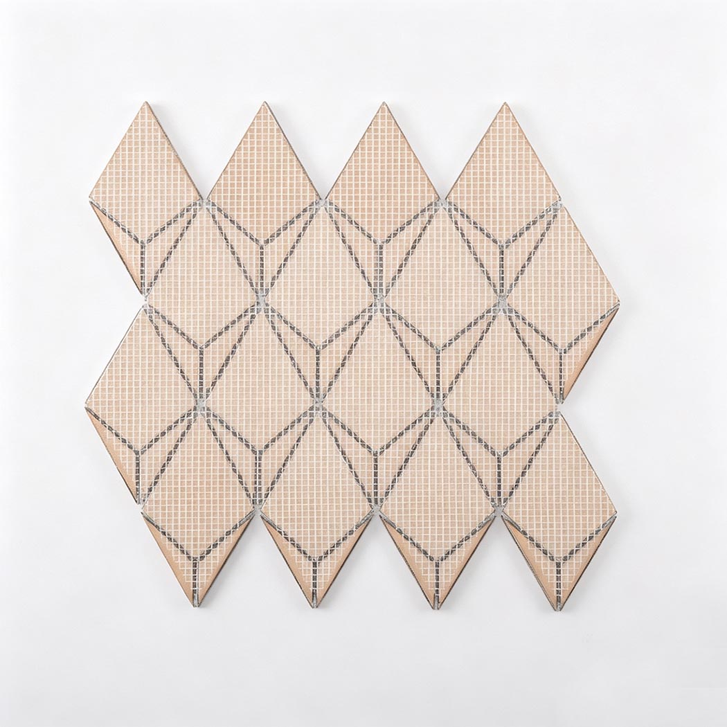 Back view of rose gold diamond metal mosaic tile sheet with mesh backing