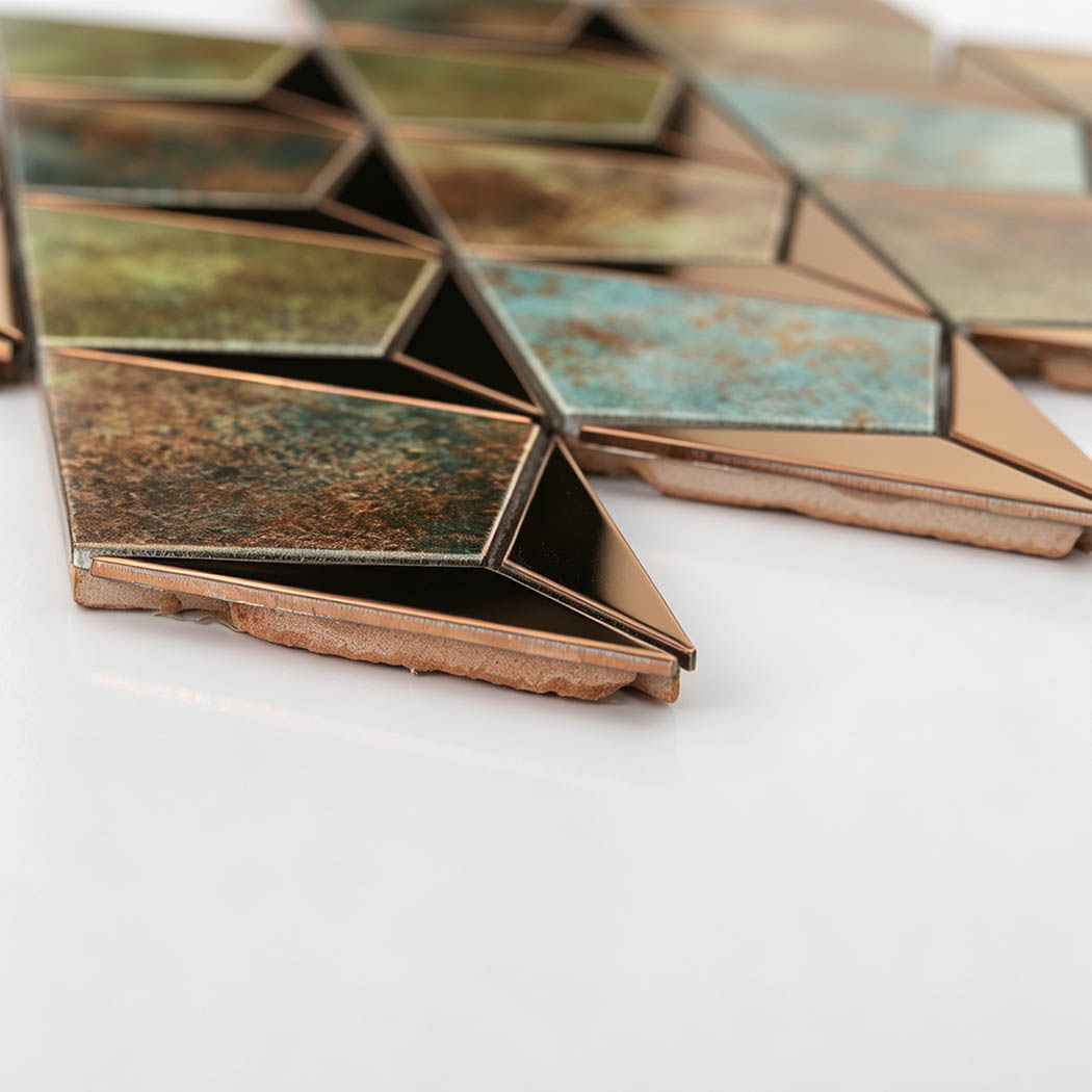 Side view showing the thickness of rose gold diamond metal mosaic tiles