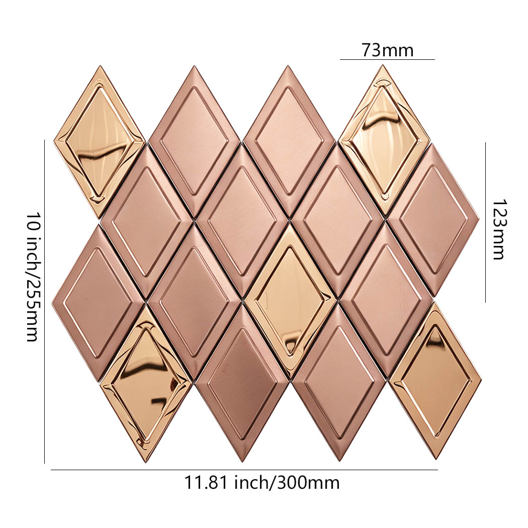 Rose gold diamond stainless steel mosaic tile sheet with size details