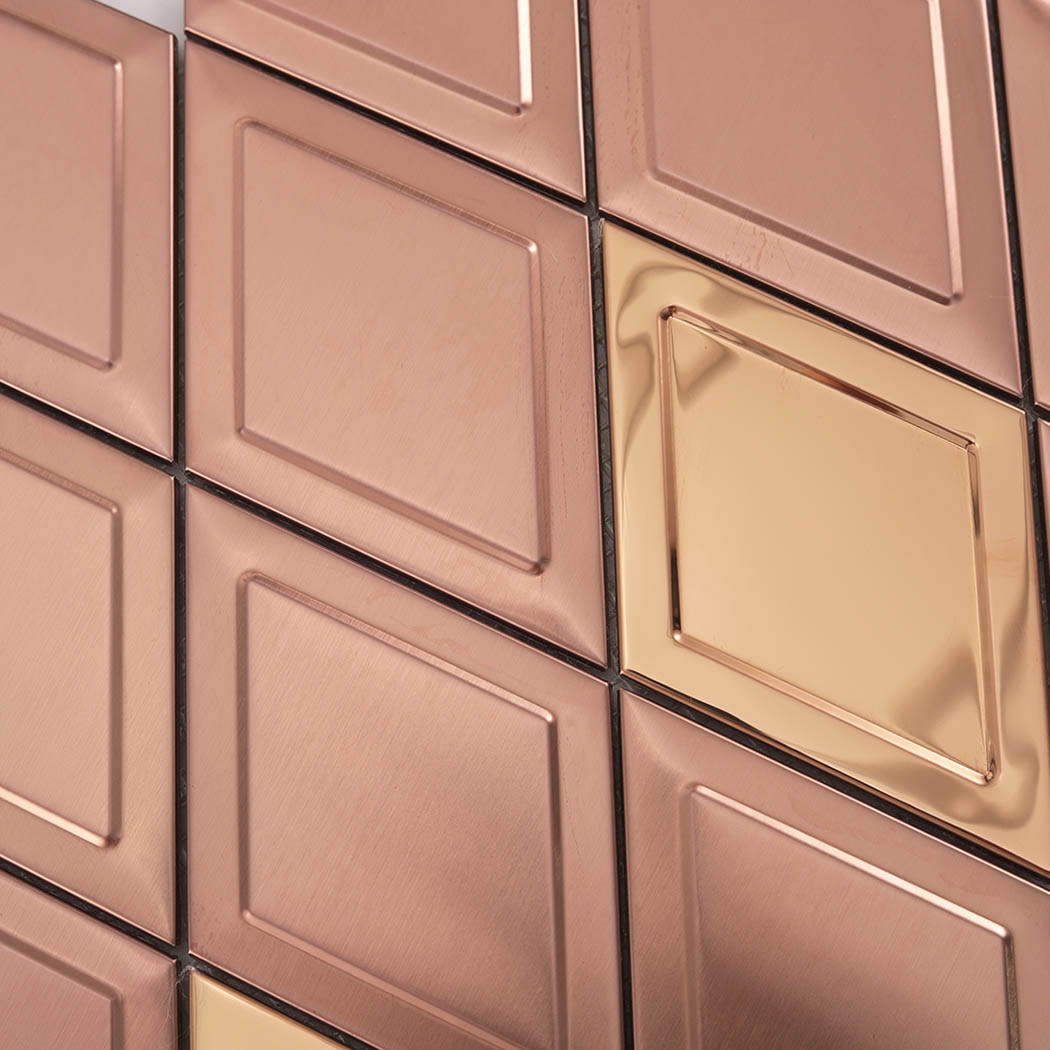 Detailed texture of rose gold diamond stainless steel mosaic tiles with mixed finishes