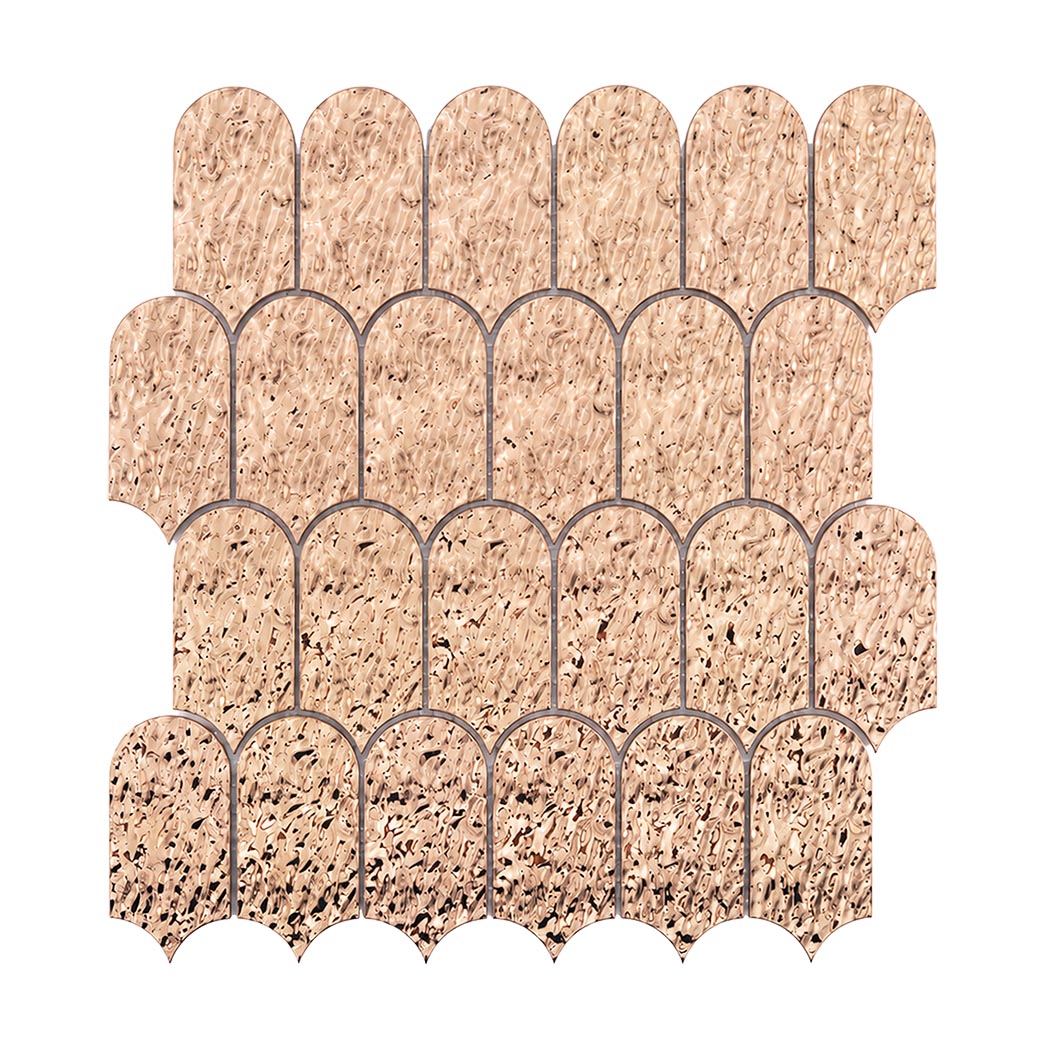 Front view of rose gold hammered scallop metal mosaic tile sheet