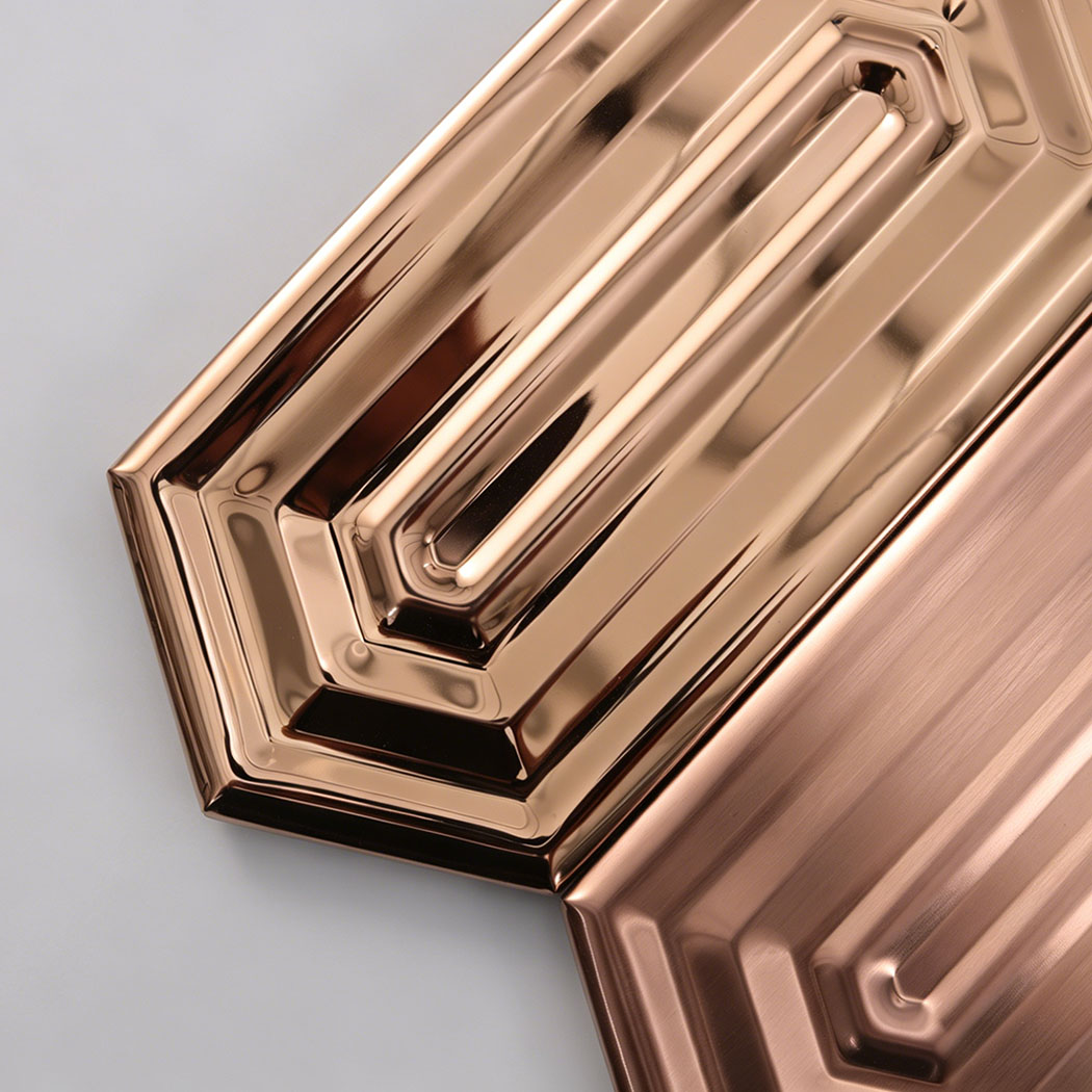 Close up rose gold hexagon mosaic brushed and mirror surface detail