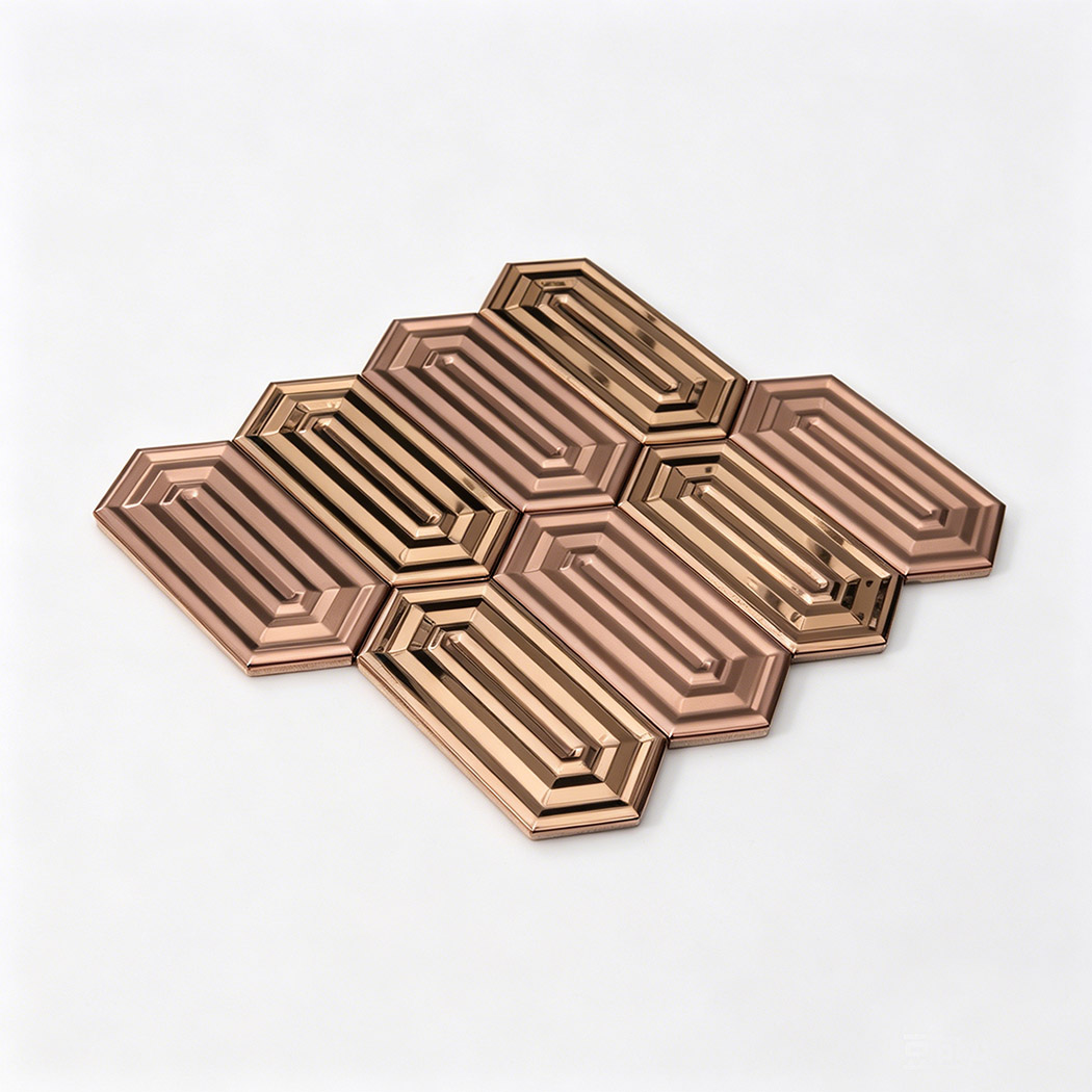 Rose gold hexagon mosaic sheet geometric layout brushed mirror finish