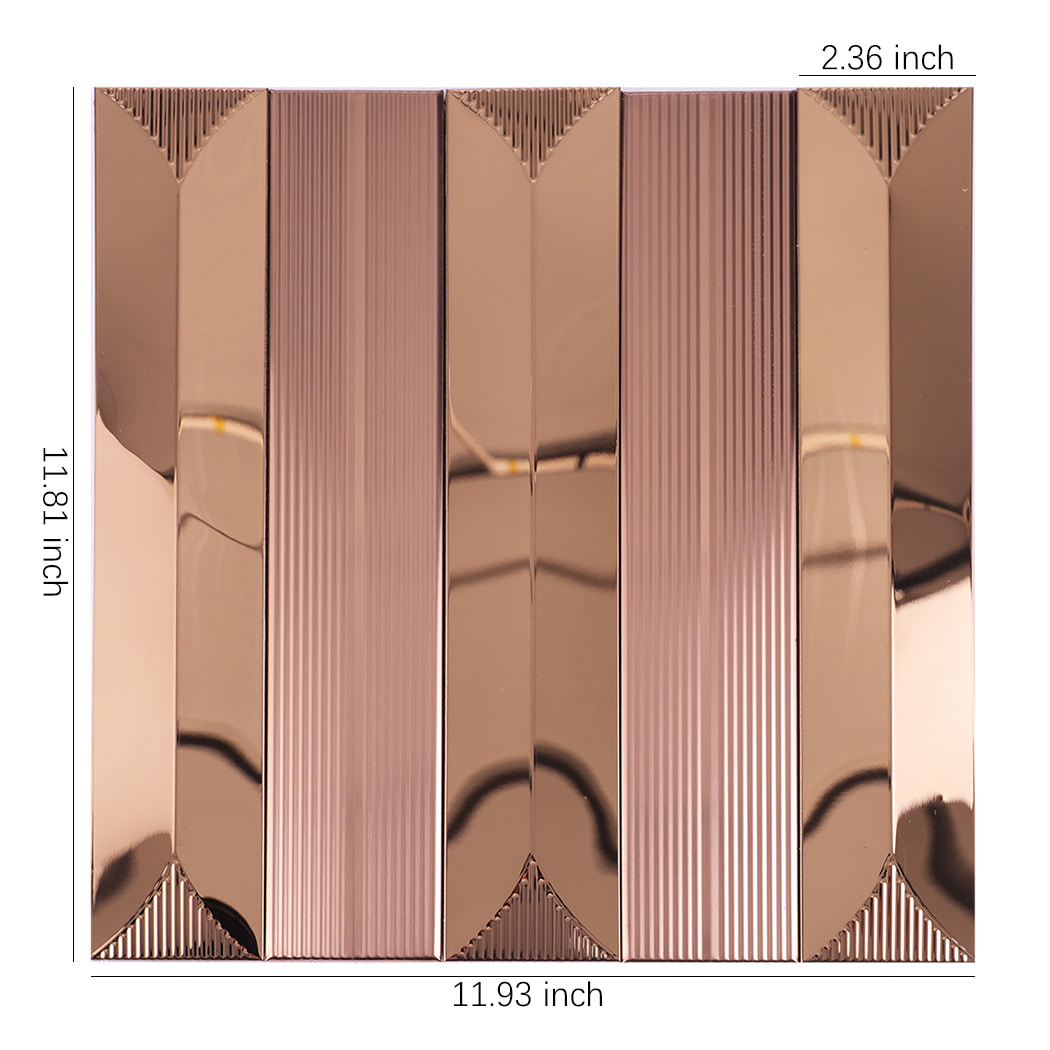Rose gold linear mosaic tile sheet with height and width dimensions shown in inches.