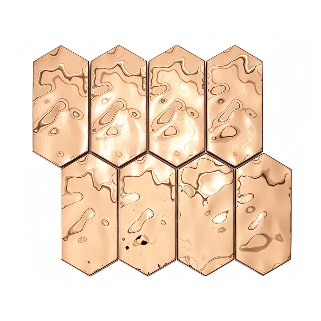 Rose gold long hexagon metal mosaic tile arranged pattern sheet on white background