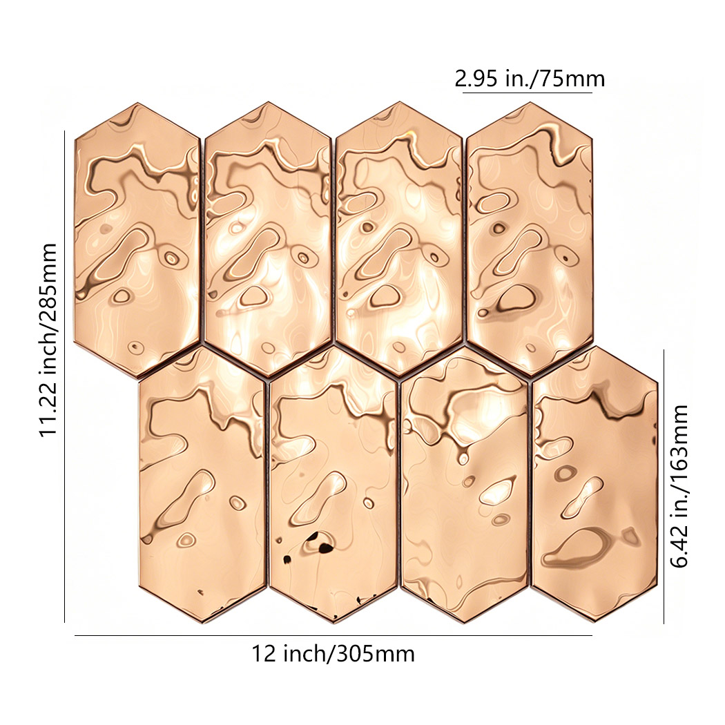 Rose gold long hexagon metal mosaic tile sheet displayed in full front view layout
