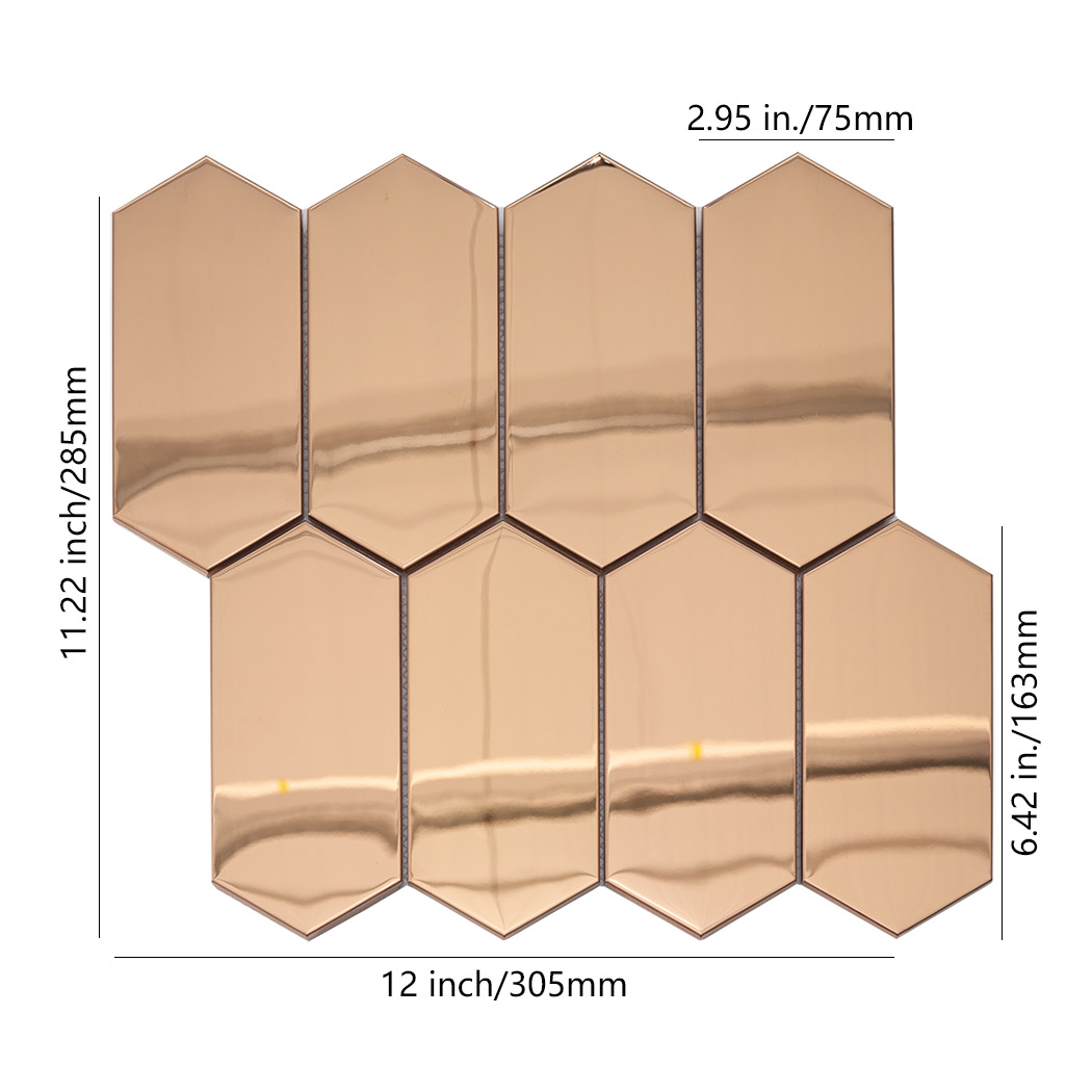Rose gold mirror elongated hexagon mosaic tile sheet front view