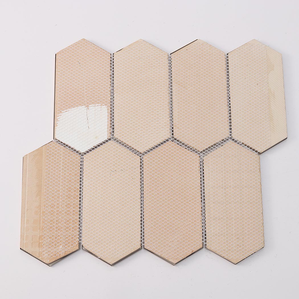 Back side mesh mounted rose gold elongated hexagon mosaic tile sheet