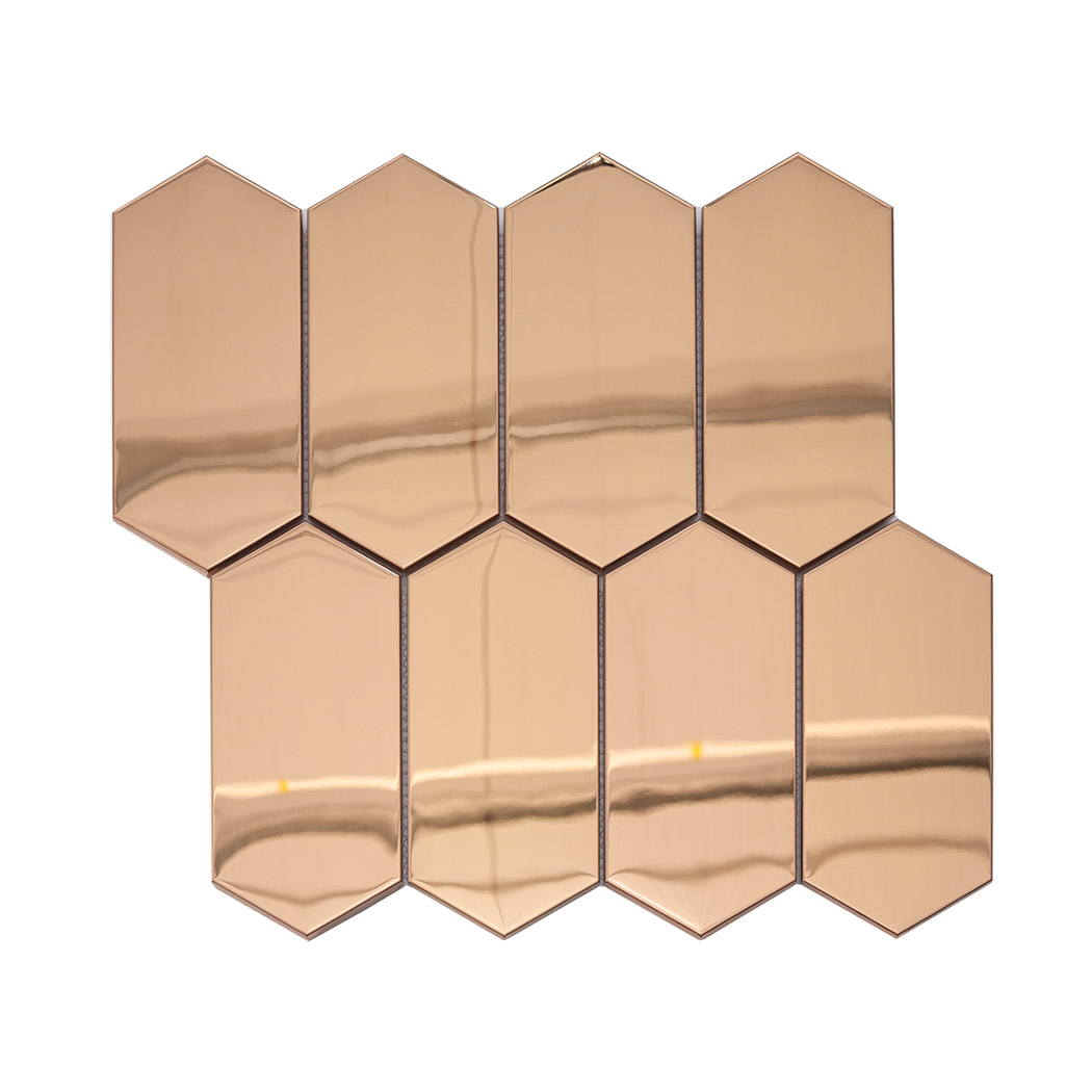 Rose gold mirror elongated hexagon mosaic arranged sheet front view