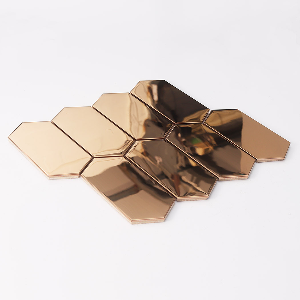 Full sheet rose gold mirror elongated hexagon mosaic perspective angle view