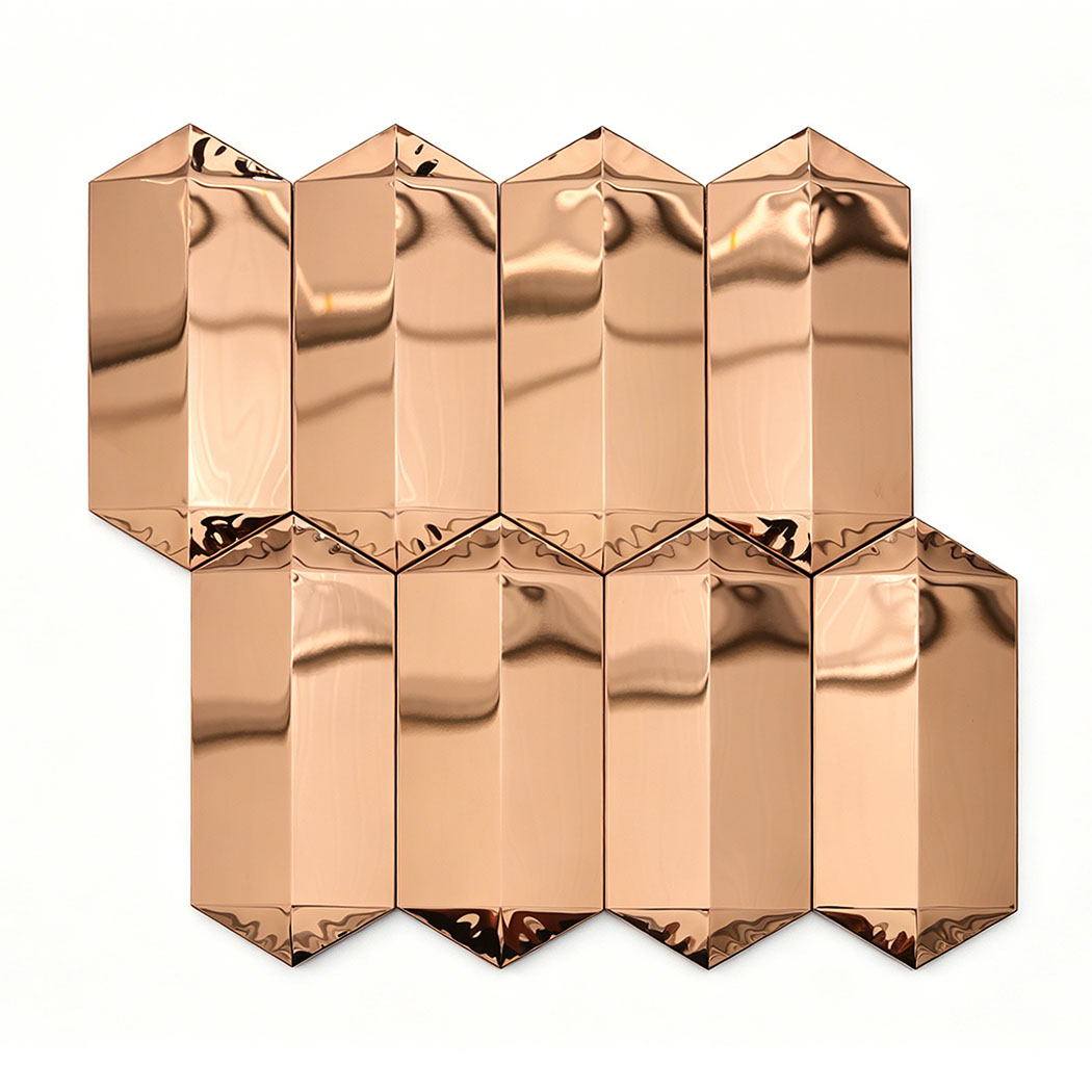 Rose gold mirror long picket mosaic tile sheet with glossy beveled surface